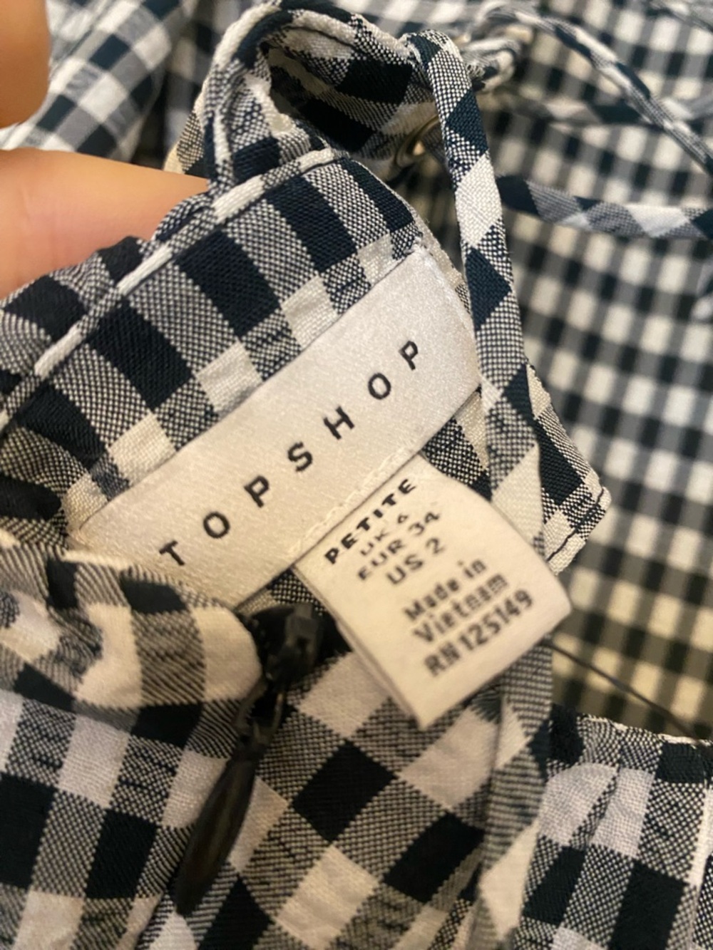 Topshop Navy and White Gingham Midi Dress with Puff Sleeves and Laced Back 2 - Picture 4 of 4